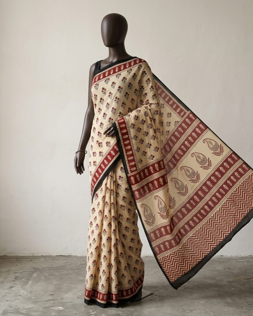 Cream Mulmul Cotton Saree